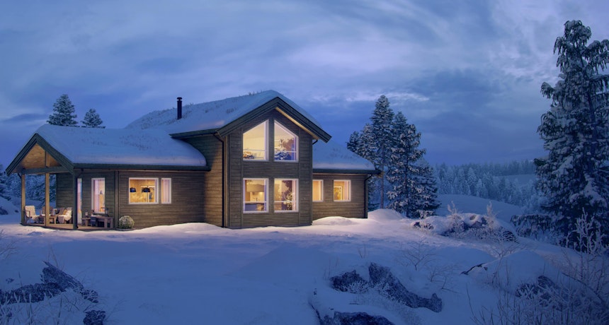 Mørk brunbeiset hytte i vinterdrakt. Stor overbygd uteplass. Store vinduer gir lys inn til koselig oppstugu. Hyttemodellen Brakar har godt med plass til storfamilien.