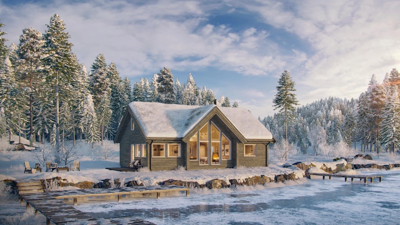 En moderne hytte med store vinduer fra gulv til tak som gir deilig lys og følelsen av å være tett på naturen vinter som sommer.