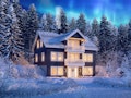 Klassisk hustype over tre plan i mørk fargenyanse. Huset Januarnatt illustrert i vinterlandskap med nordlys på himmelen.