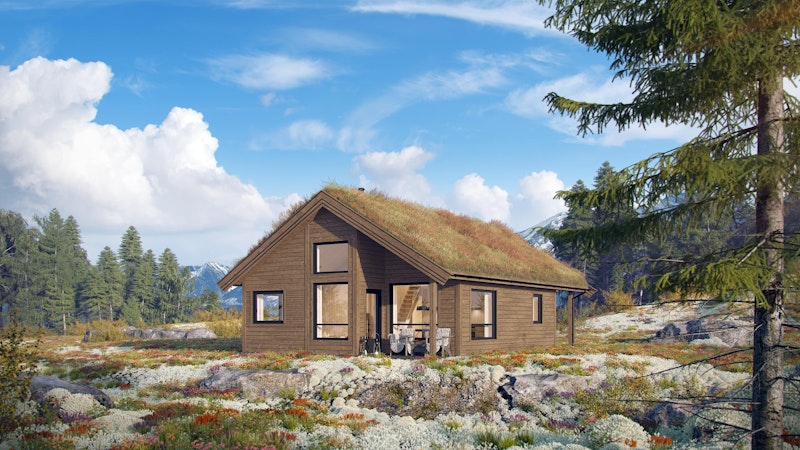 En brunbeiset hytte med torvtak, her vist i høstfarger på fjellet. Frikk har en overbygd liten veranda og et lite vindu på hemsen som slipper lyset inn.